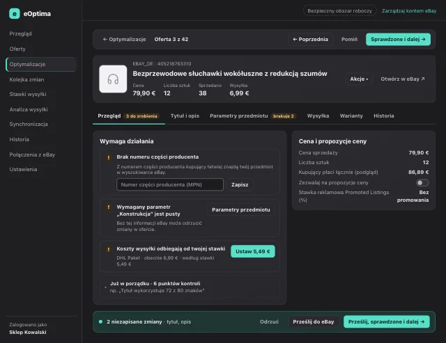 Zrzut ekranu eOptima „Tryb przeglądu”: Tryb przeglądu: poprawiaj otwarte punkty od razu, przesyłaj zmiany do eBay i przechodź do następnej oferty.