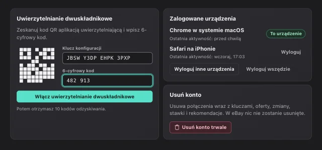 Zrzut ekranu eOptima „Bezpieczeństwo i konto”: Uwierzytelnianie dwuskładnikowe, przegląd urządzeń i usuwanie konta – wszystko w ustawieniach.