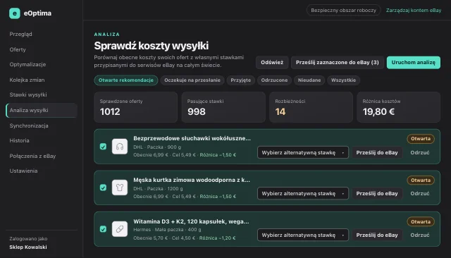 Zrzut ekranu eOptima „Analiza wysyłki”: Każda rozbieżność jako rekomendacja z wartością rzeczywistą, docelową i różnicą.