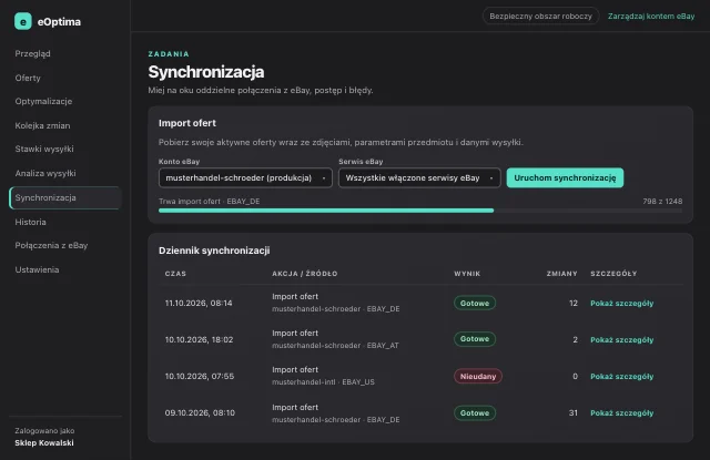 Zrzut ekranu eOptima „Synchronizacja”: Import ofert z widocznym postępem i pełnym dziennikiem synchronizacji.