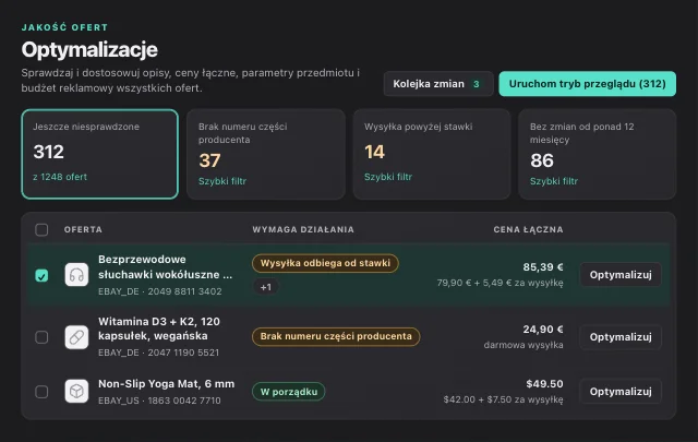 Panel eOptima: optymalizacja ofert eBay, dostosowanie kosztów wysyłki i wyszukiwanie brakujących numerów części producenta