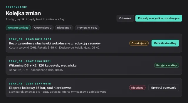 Kolejka zmian w eOptima: zbiorcze przesyłanie zmian do eBay ze statusem każdej zmiany