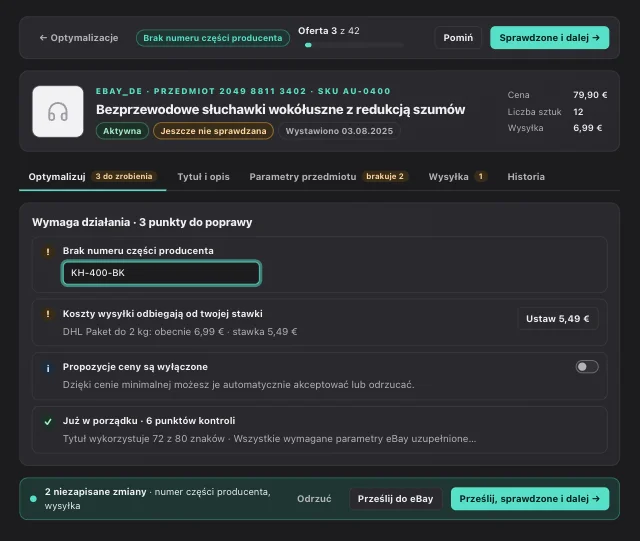 Tryb przeglądu w eOptima: oferta eBay z brakującym numerem części producenta, pustym wymaganym parametrem i odbiegającymi kosztami wysyłki