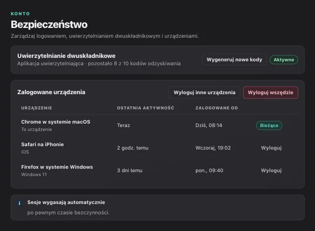 Zrzut ekranu eOptima „Konto · Bezpieczeństwo”: W sekcji „Ustawienia” → „Bezpieczeństwo” włączasz uwierzytelnianie dwuskładnikowe i kończysz sesje na innych urządzeniach.