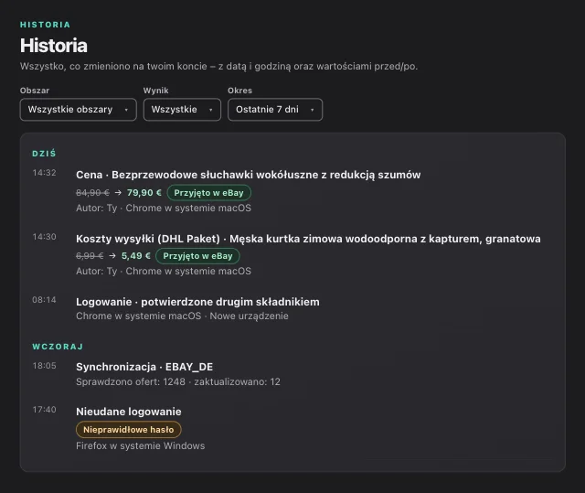 Zrzut ekranu eOptima „Historia”: Historia: każda zmiana z wartością przed → po, źródłem i potwierdzeniem przez eBay.