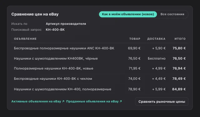 Скриншот eOptima «Сравнение рыночных цен»: Пять самых дешёвых активных объявлений на eBay с итоговой ценой, включая доставку.